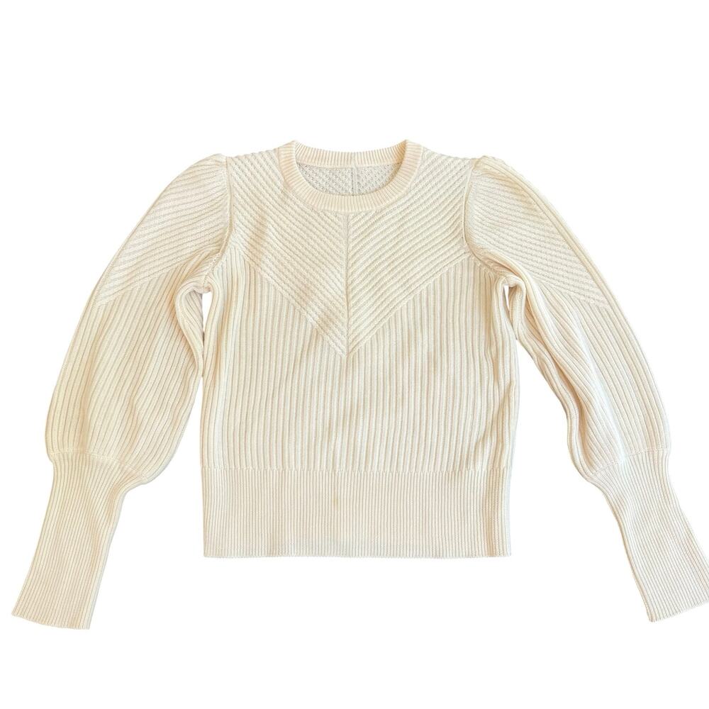 Joie Cream Wool Blend Small Ribbed Puff Sleeve Cropped Sweater Quiet Luxury